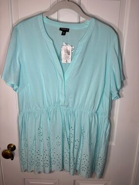 NWT Torrid 00 Women’s Challis Embroidered Eyelet Babydoll Tiered Top Blue Mint